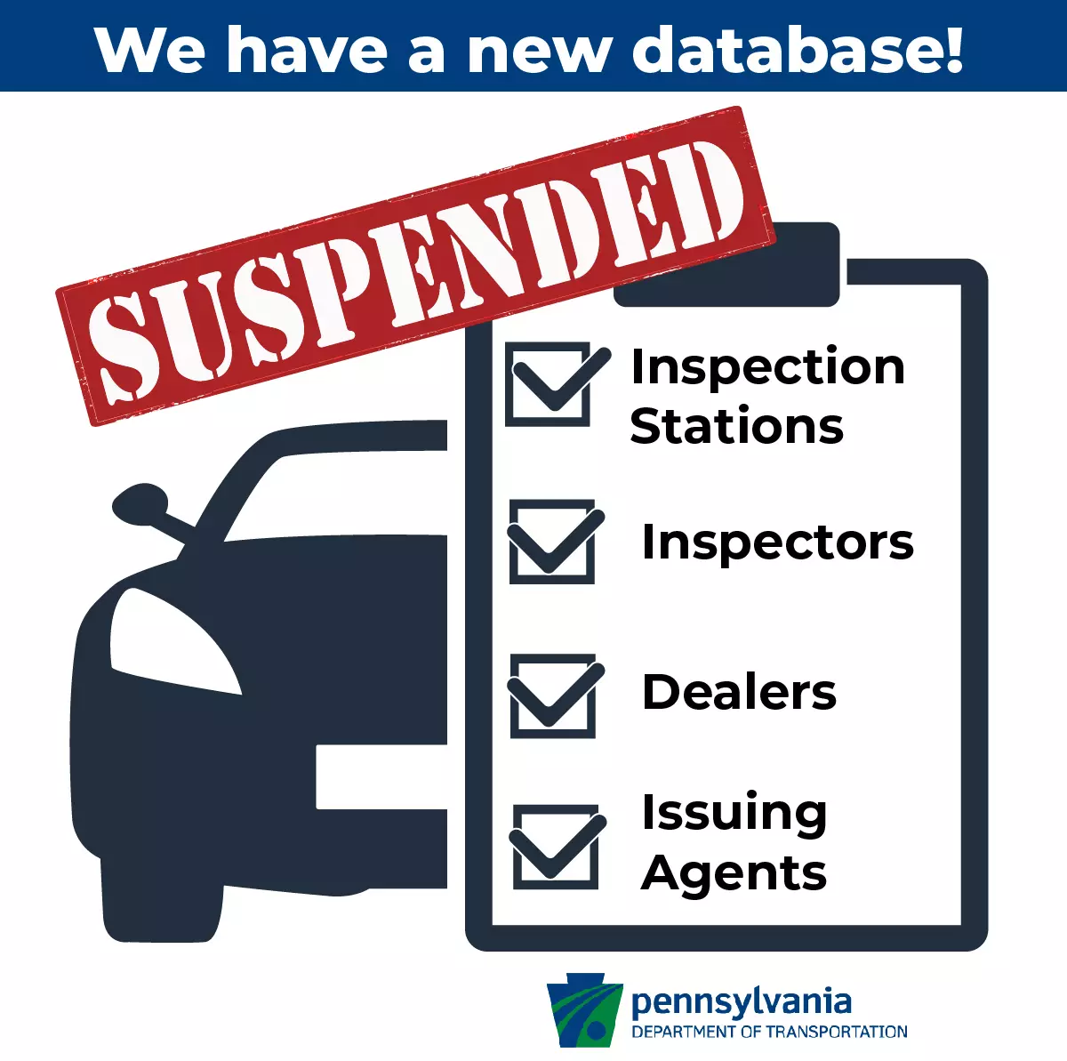 An infographic with a car and a clipboard with a checklist showing check marks next to inspection stations, inspectors, dealers, issuing agents, and the word suspended in white text on a red background at the top with the PennDOT blue and green logo at the bottom.